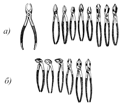 Рис. 41. Щипцы: а) набор щипцов для удаления зубов на верхней челюсти, б)